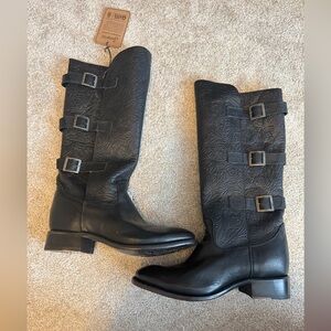 NWT SENORA Black REAL Leather Tall Rider Boots with Buckle Straps size 9